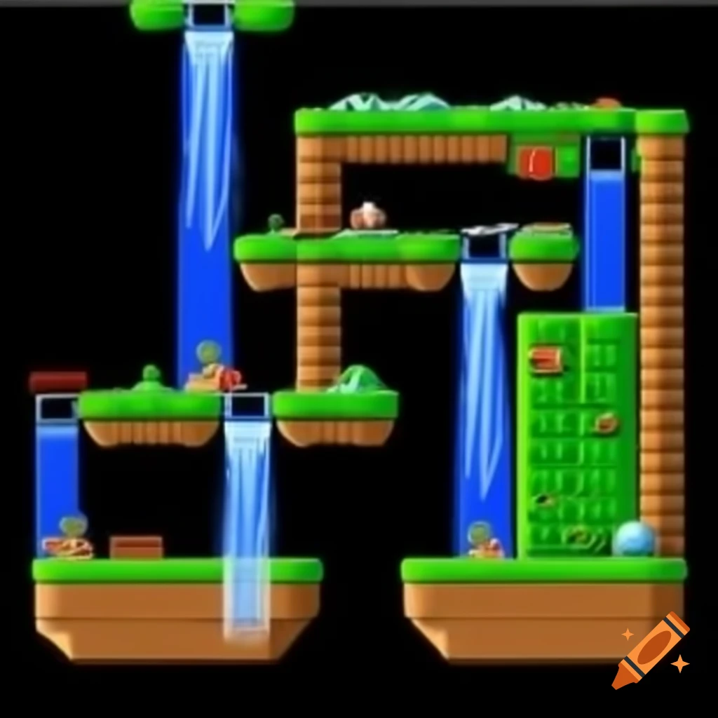 Mario-inspired level featuring waterfalls in place of pipes