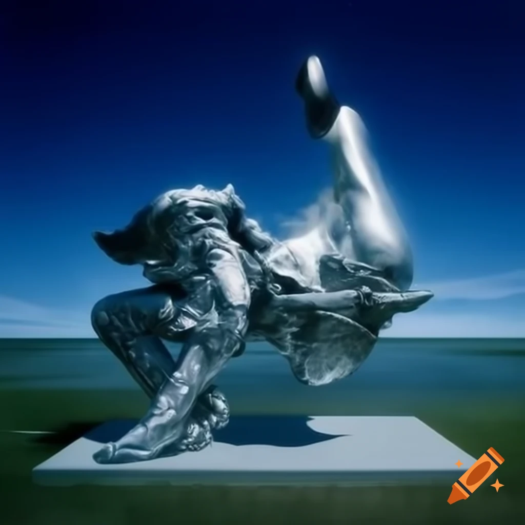 Pop surreal 2000's dreamscape featuring silver statue