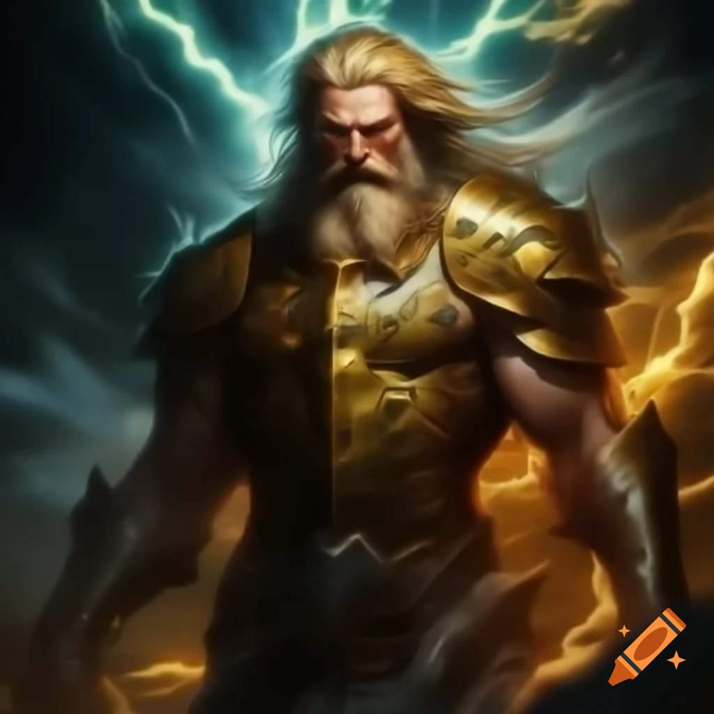 Hero in yellow armor commanding lightning with golden hair and green eyes