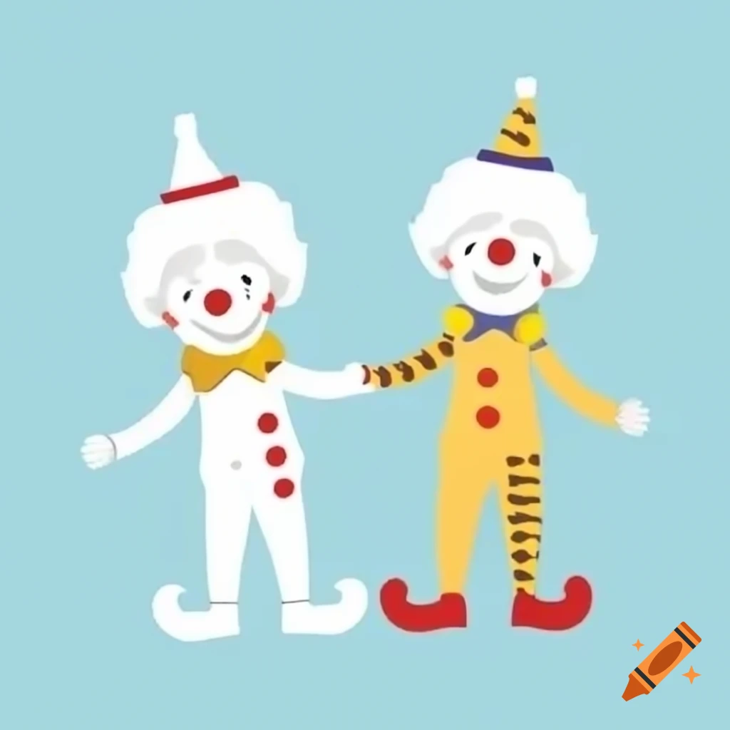 Two clowns in colorful costumes
