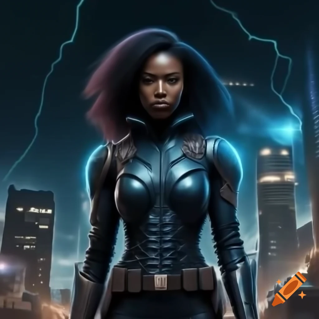 Black female superhero with electricity powers in hi-tech combat outfit against cityscape