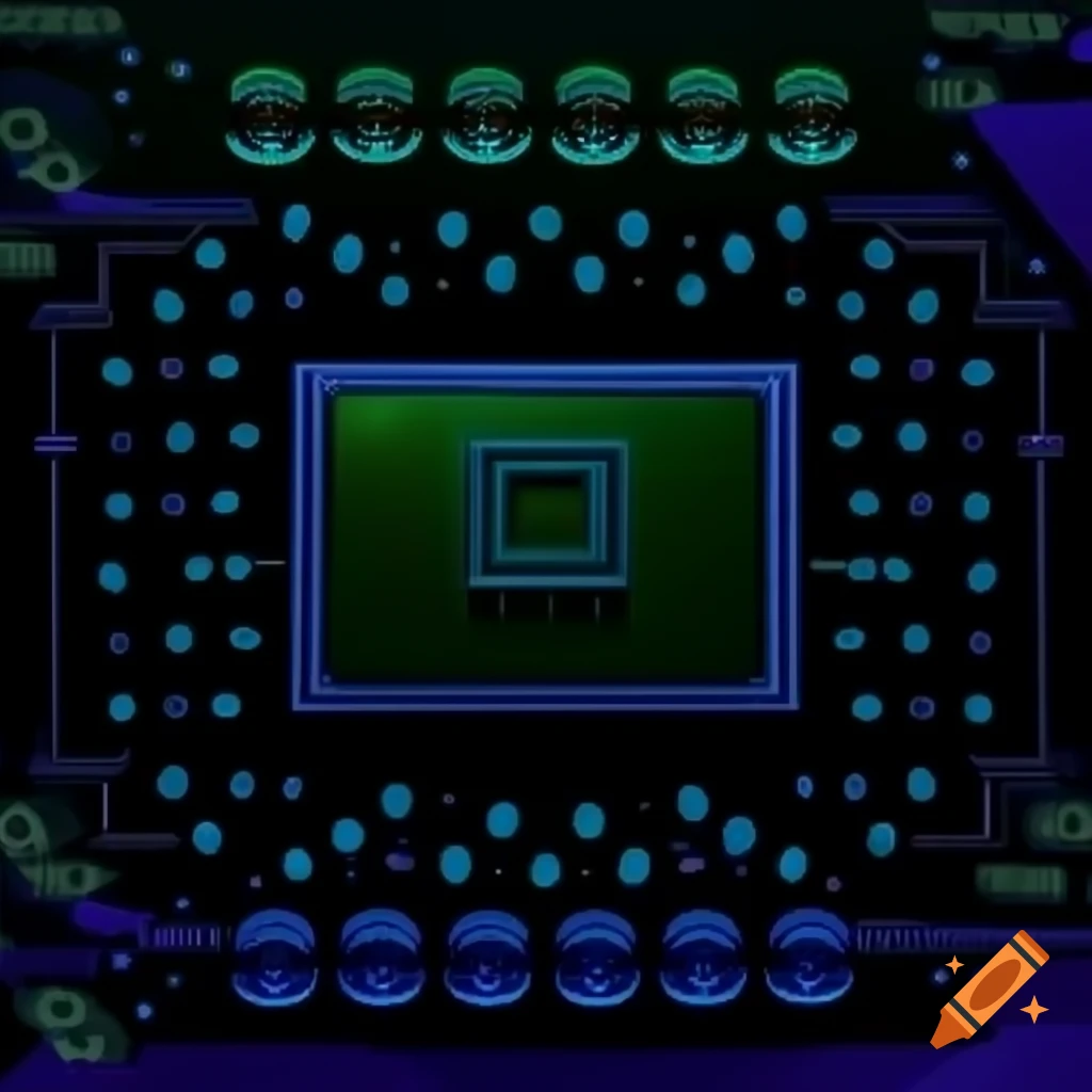 Dark and scary pixel art background featuring computer CPU theme for a game