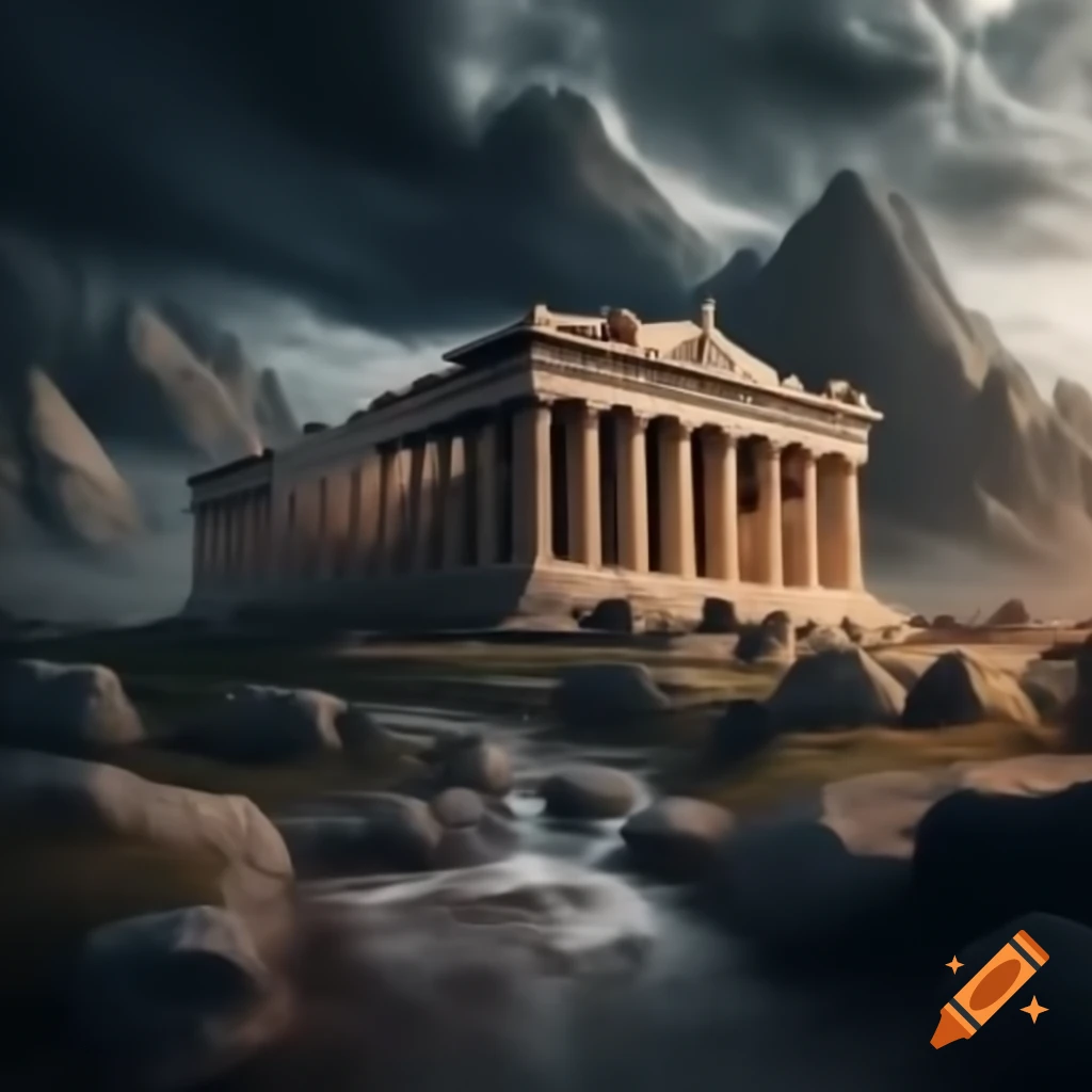 Realistic landscape featuring Parthenon with mountains and lightning striking