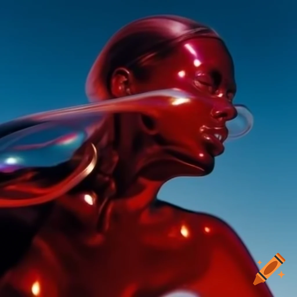 Iridescent red glass statue in pop surreal 2000's photography