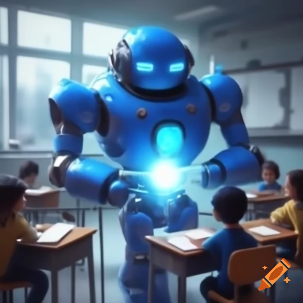 Futuristic classroom with blue robot teacher and young student casting spell