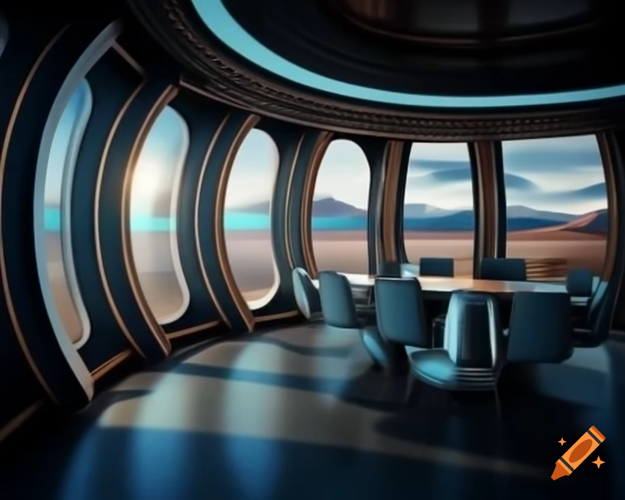 Futuristic conference room on spaceship with rounded windows and Icelandic landscape