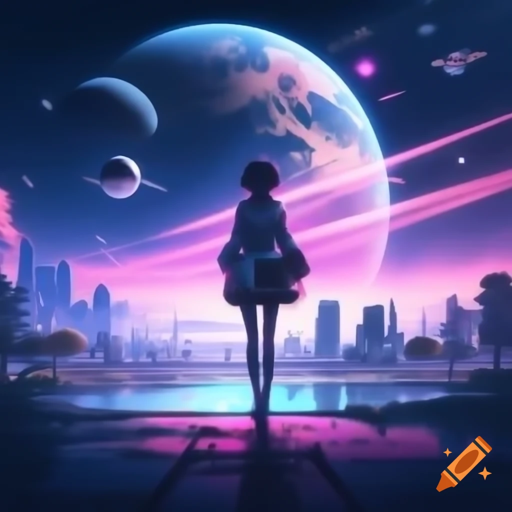 Futuristic city with colorful background, flying anime girl with vibrant colors