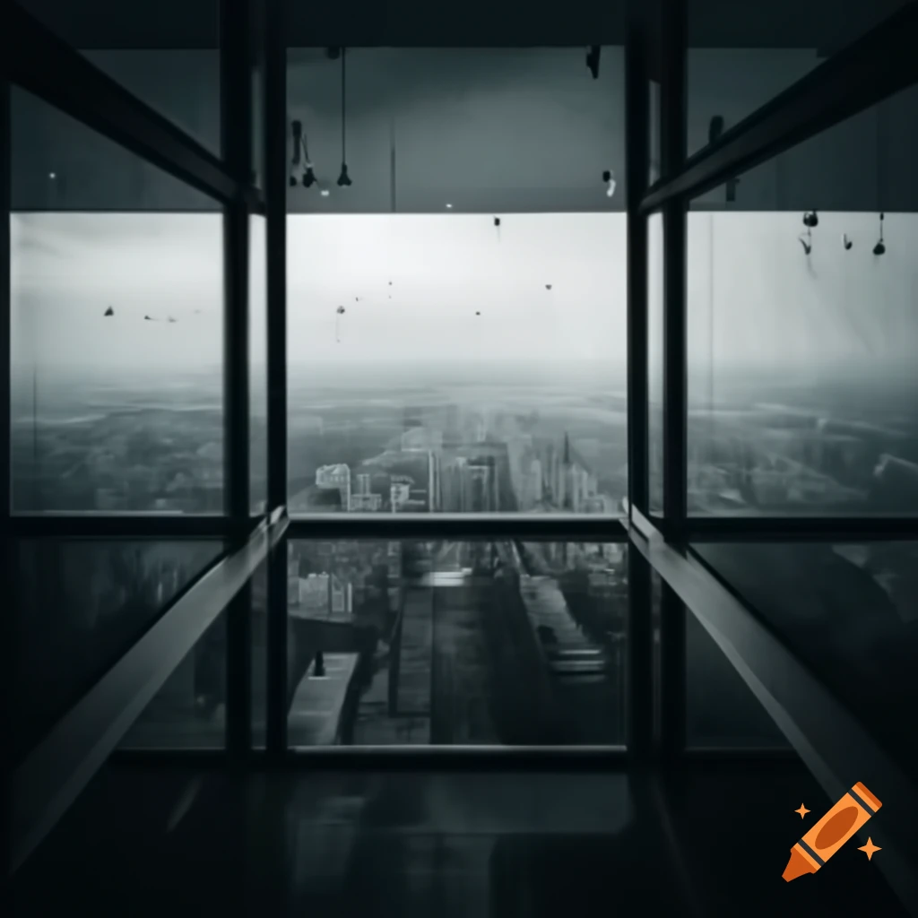 Urban landscape in grey light of rain with towering buildings and artificial light
