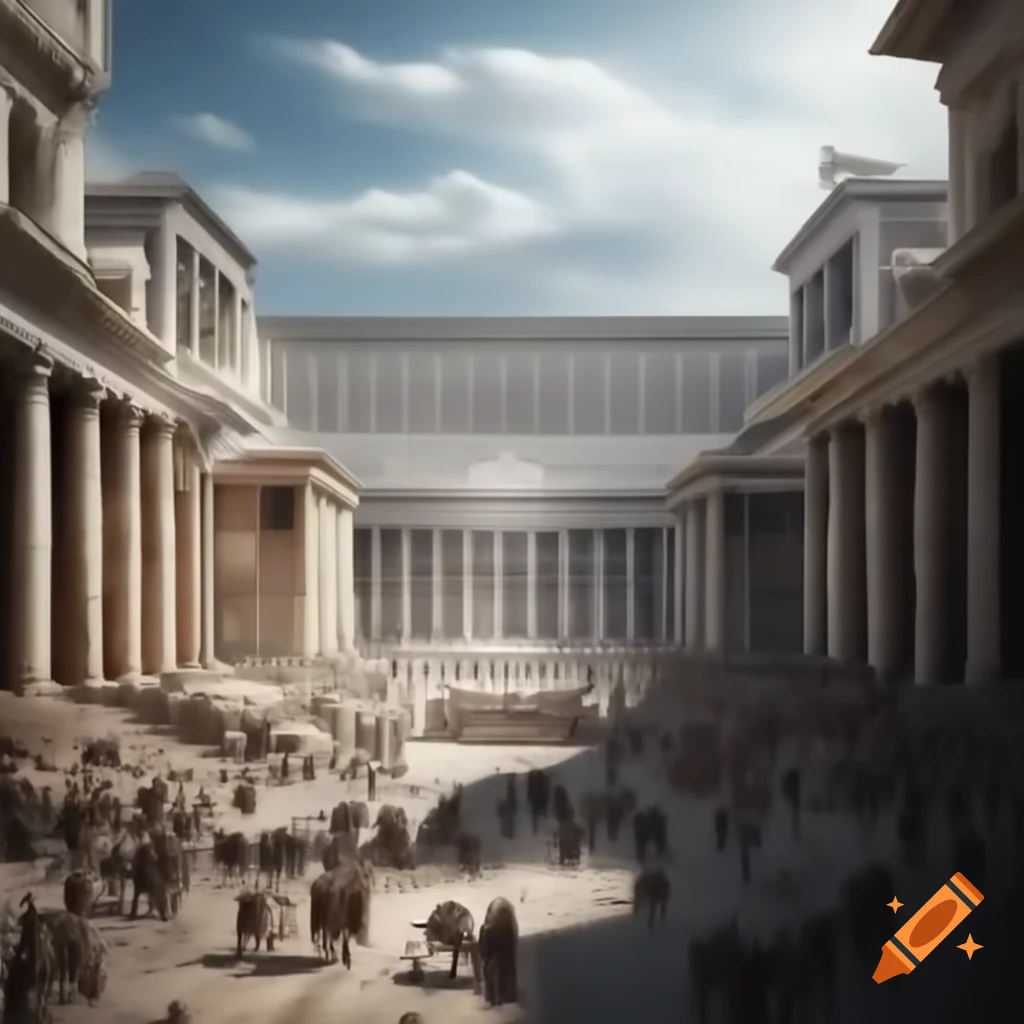 Futuristic scene of busy ancient Greek or Roman palace