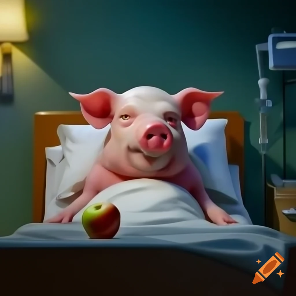 Pig character from Journey to the West lying in hospital bed with IV and apple