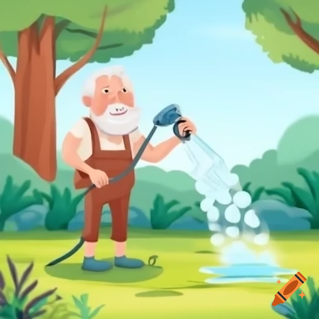 Cartoon of an old man watering garden with hose