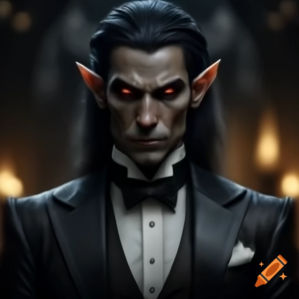 Mysterious dark elf warlock in a tuxedo