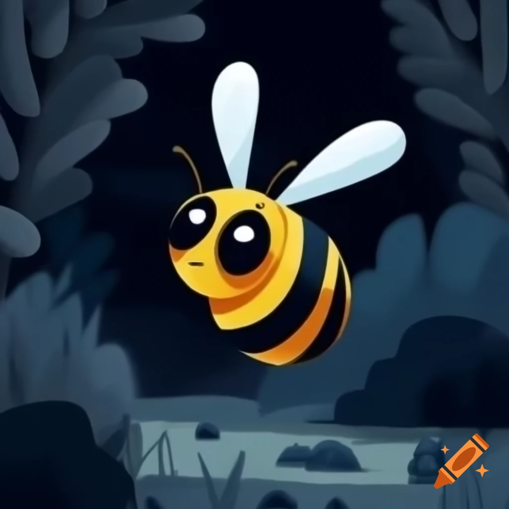 Cartoon bee flying in dark forest