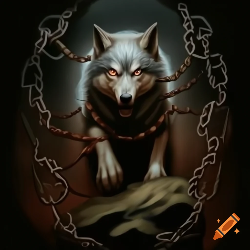 Medieval art style wolf chained to rock with fierce expression