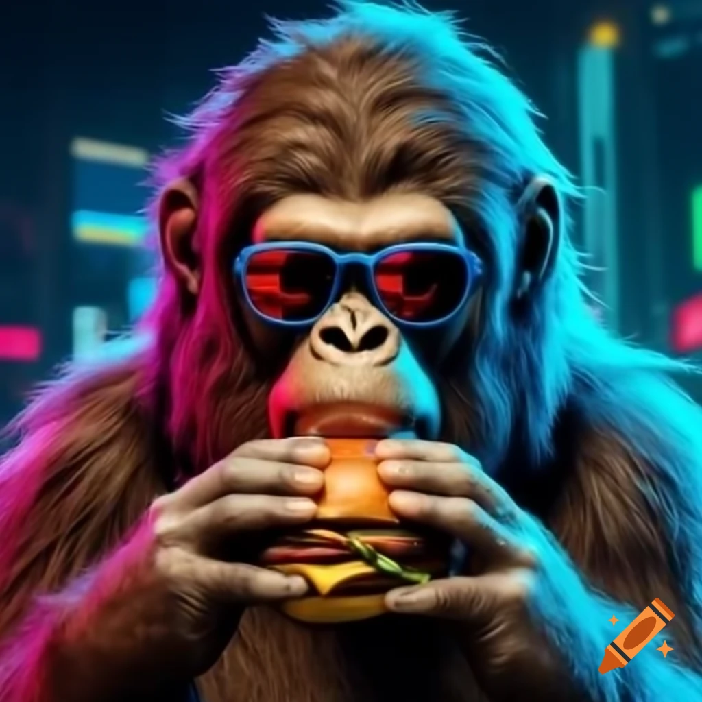 Synthwave bigfoot with sunglasses enjoying a cheeseburger
