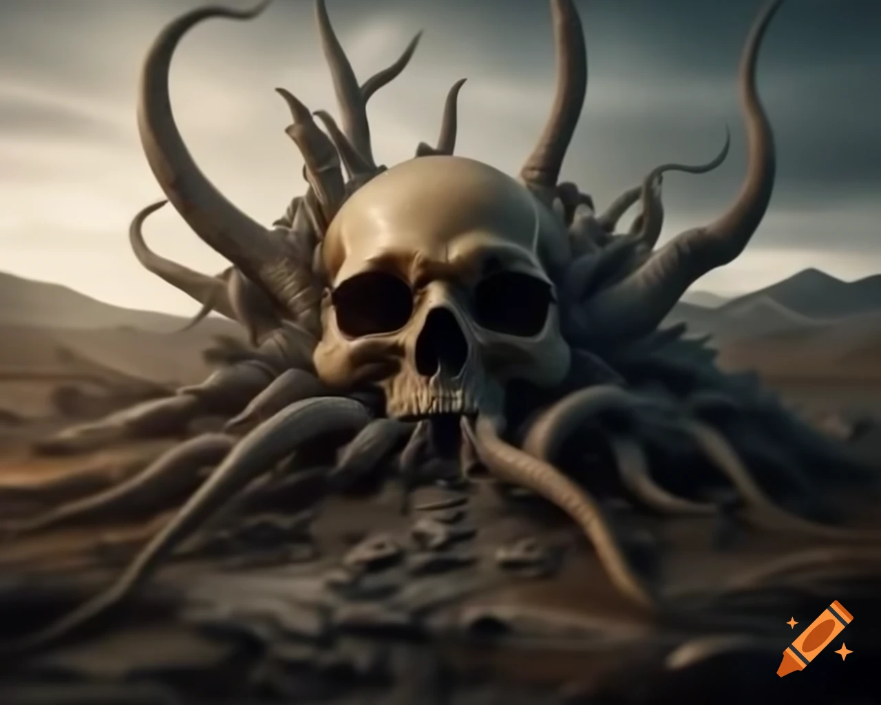 Giant skull mountain towering over post-apocalyptic home made from fungal stalk