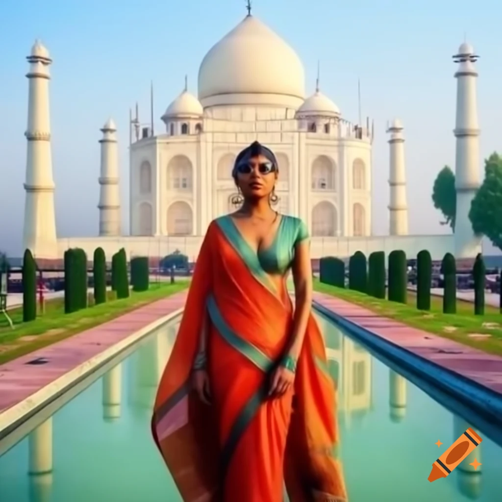 Model in sari in front of Taj Mahal
