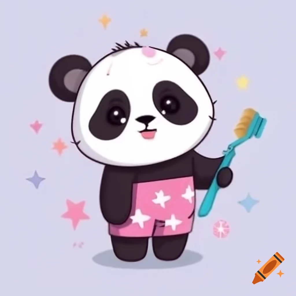 Cute 2-year-old panda in star-patterned pajamas brushing teeth