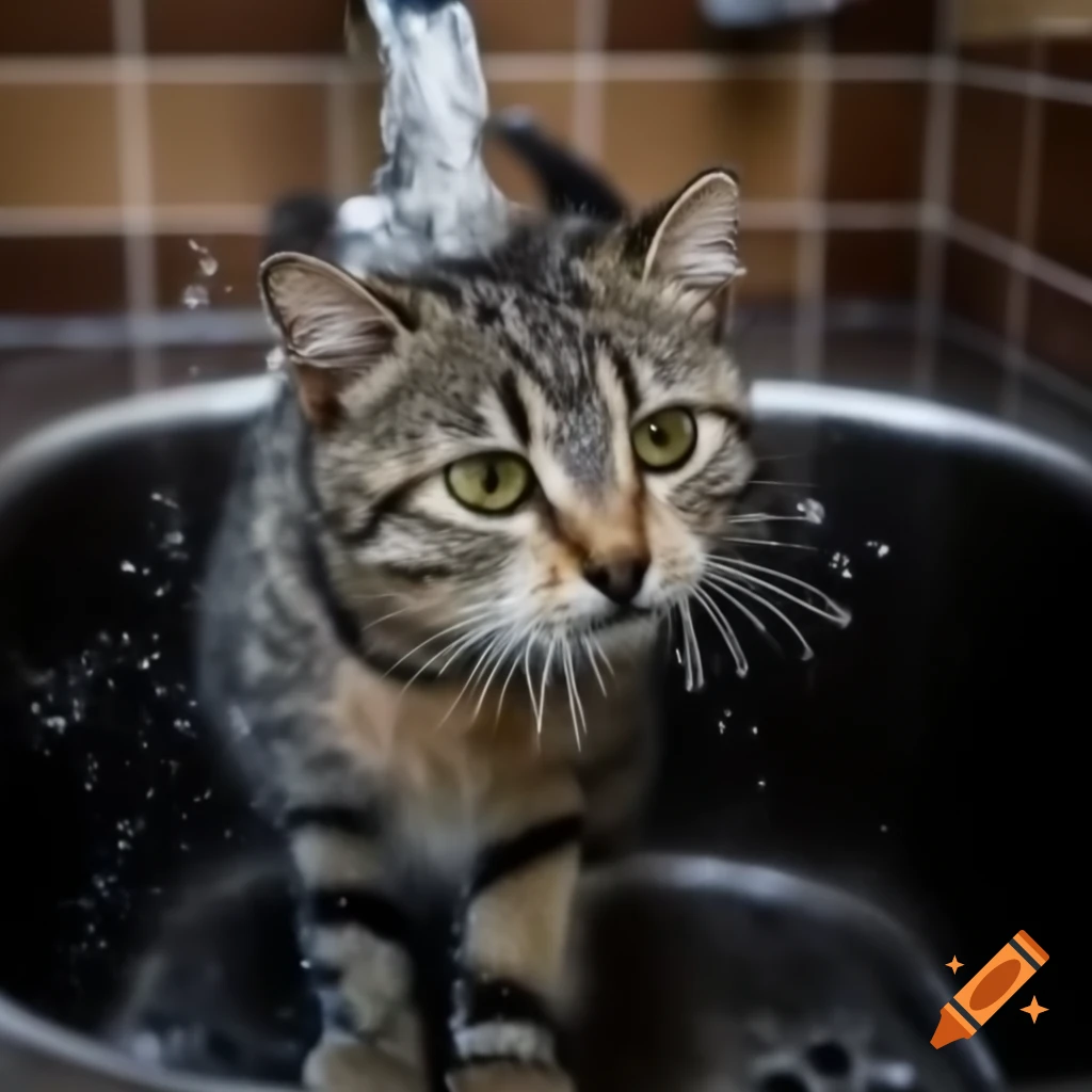 Checkered kitty grooming itself in a sink