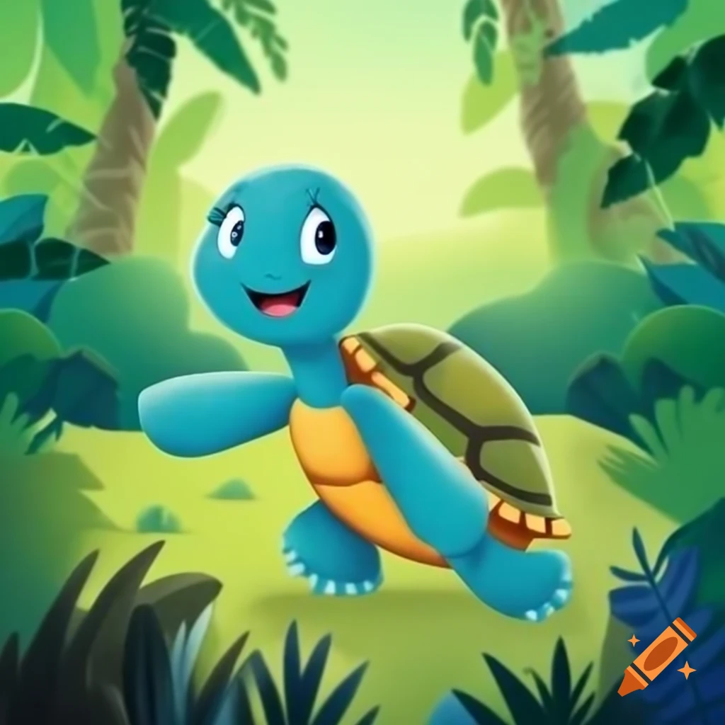 Happy blue turtle walking in jungle for children's storybook