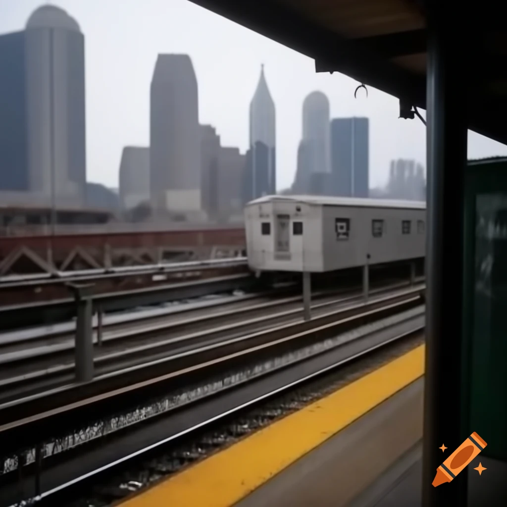 D62A train entering elevated station in winter with skyscrapers in background