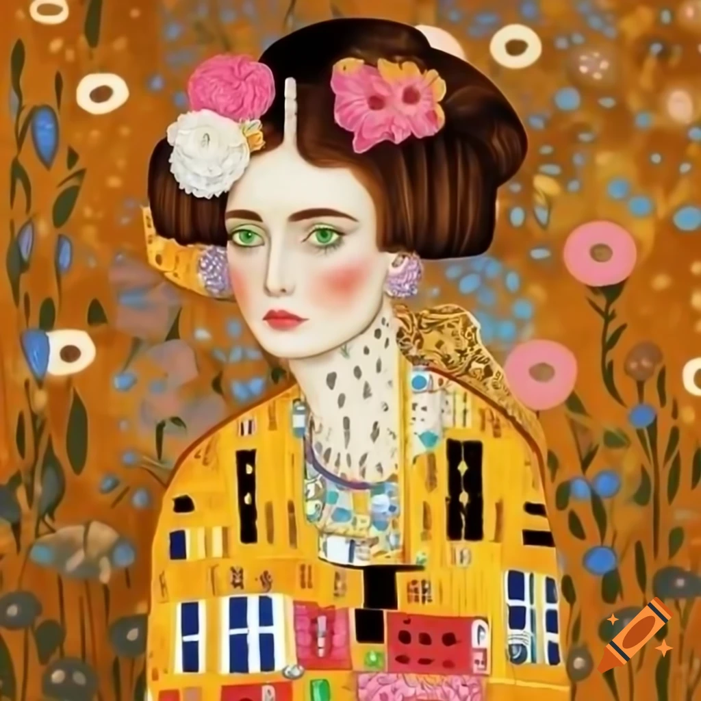 Middle-aged woman with brown hair adorned with flowers, dressed in colorful attire, holding a small black cat