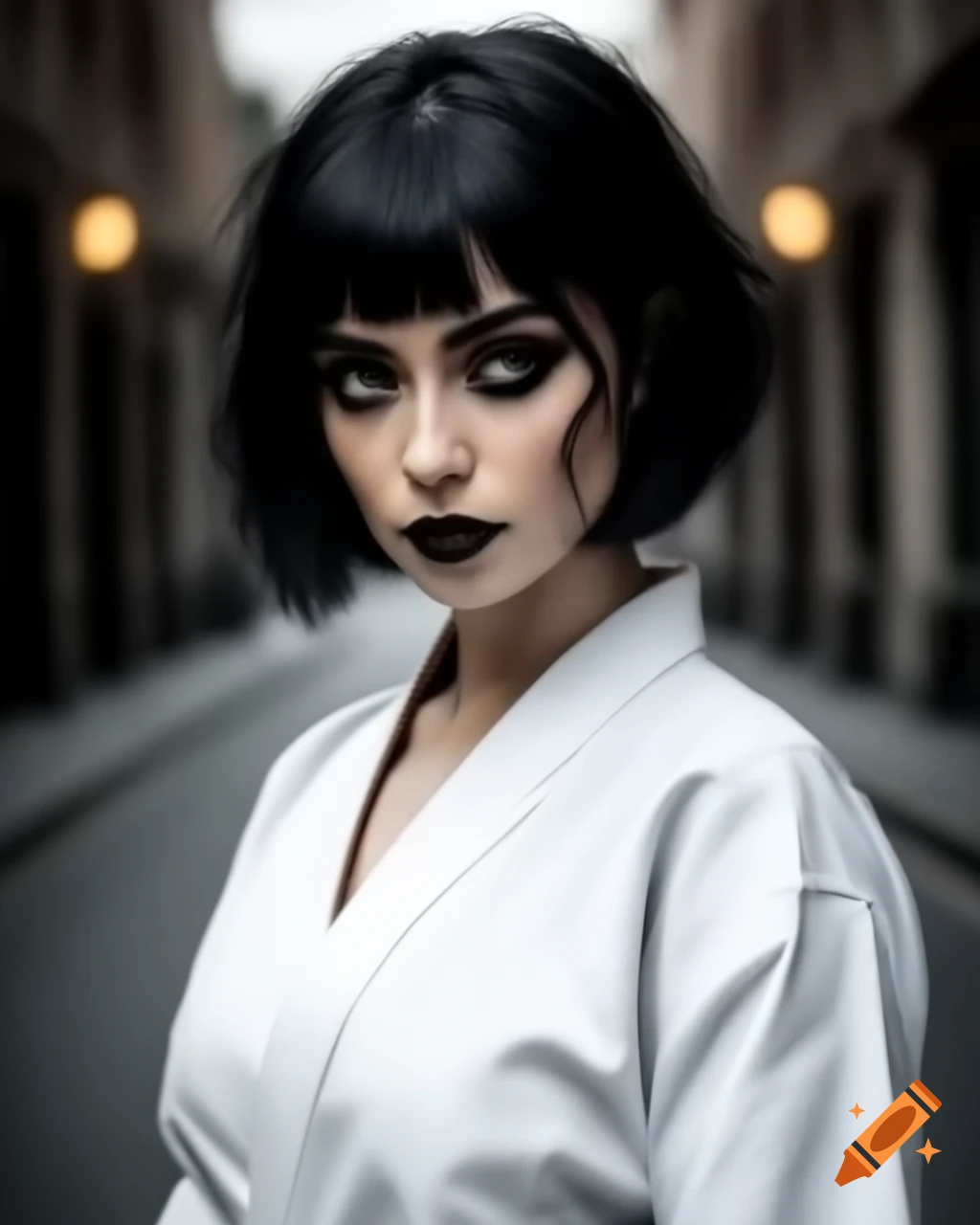 Beautiful woman in loose white gi on empty street with gothic makeup