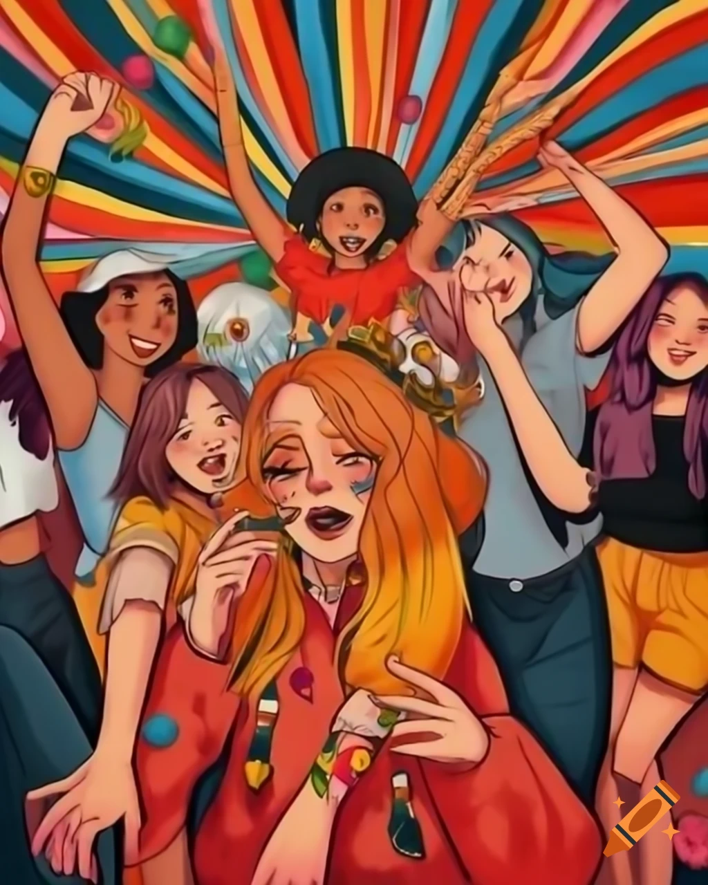 Vibrant drawing of a joyous party celebration transformed into a realistic photo