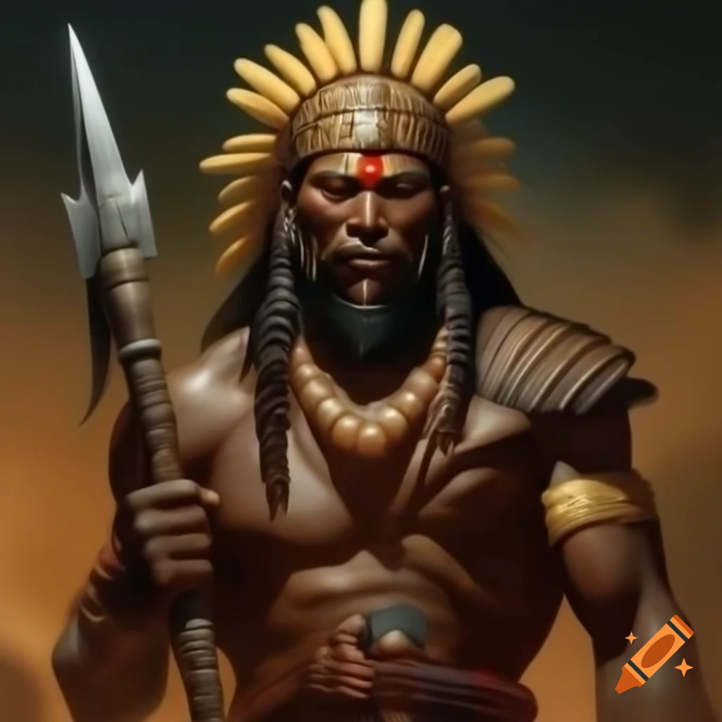 Cacique Taino warrior king standing proudly with traditional weapons and jewelry