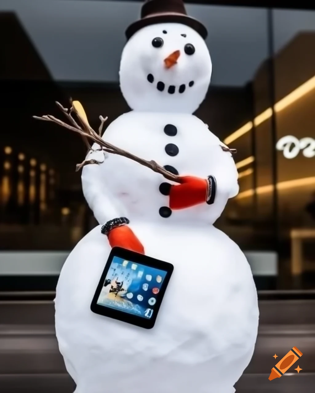 Snowman at Apple Store holding iPad and wearing jacket