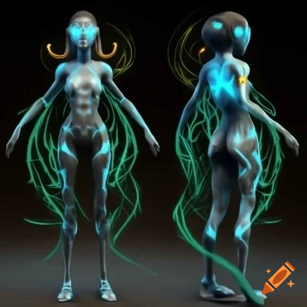 Futuristic character Arden with bioluminescent skin integrating nature and technology