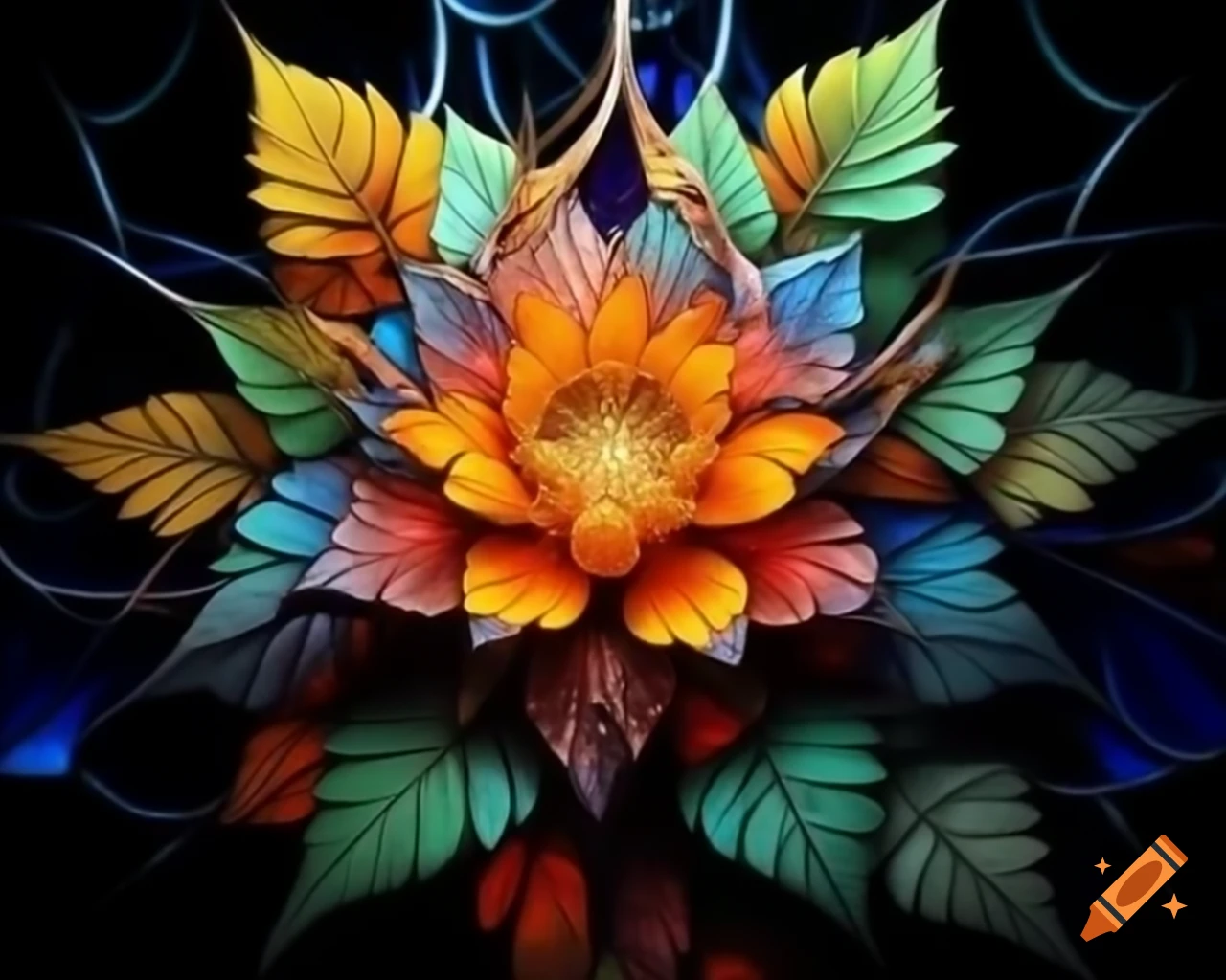 Stained glass branches with vibrant leaves showcasing nature's beauty