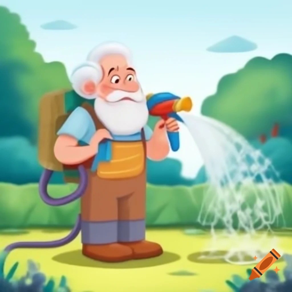 Cartoon of an old man watering garden with hose