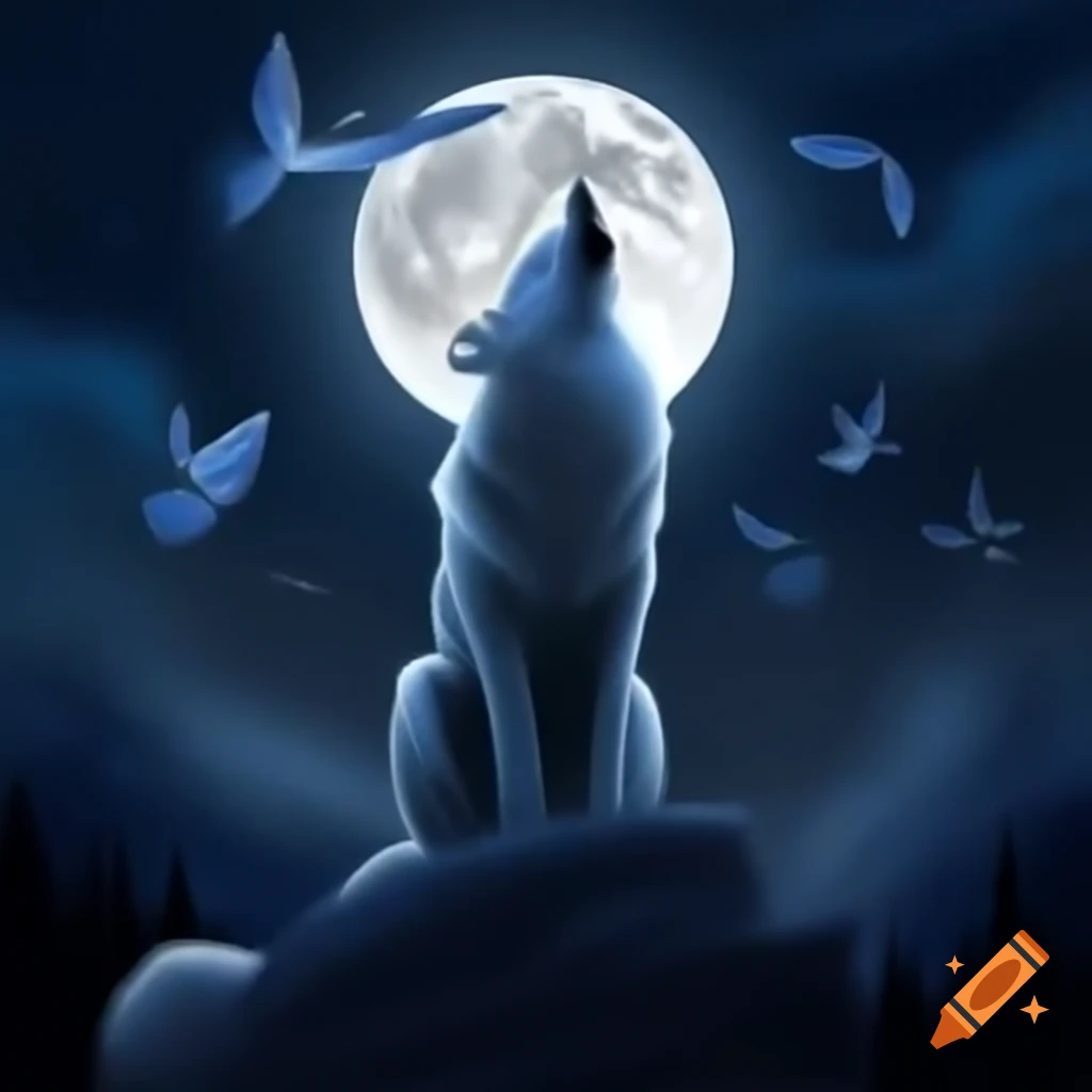 Wolves howling at huge moon with moths flying, starry night