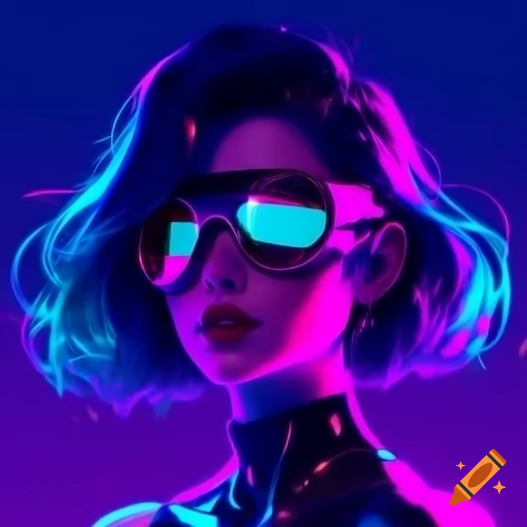 Magenta and cyan hologram woman with aviator goggles in retrowave style
