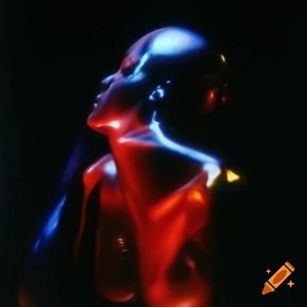 Pop surreal photography featuring iridescent red glass statue