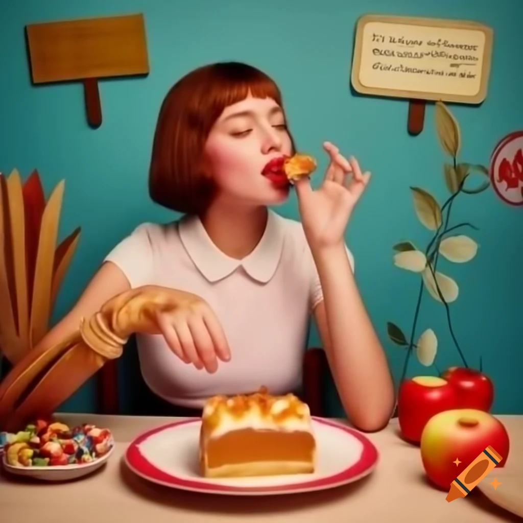 Young woman tasting candy with apple cake and caramel in background, featuring a sign for Salted Caramel Apple