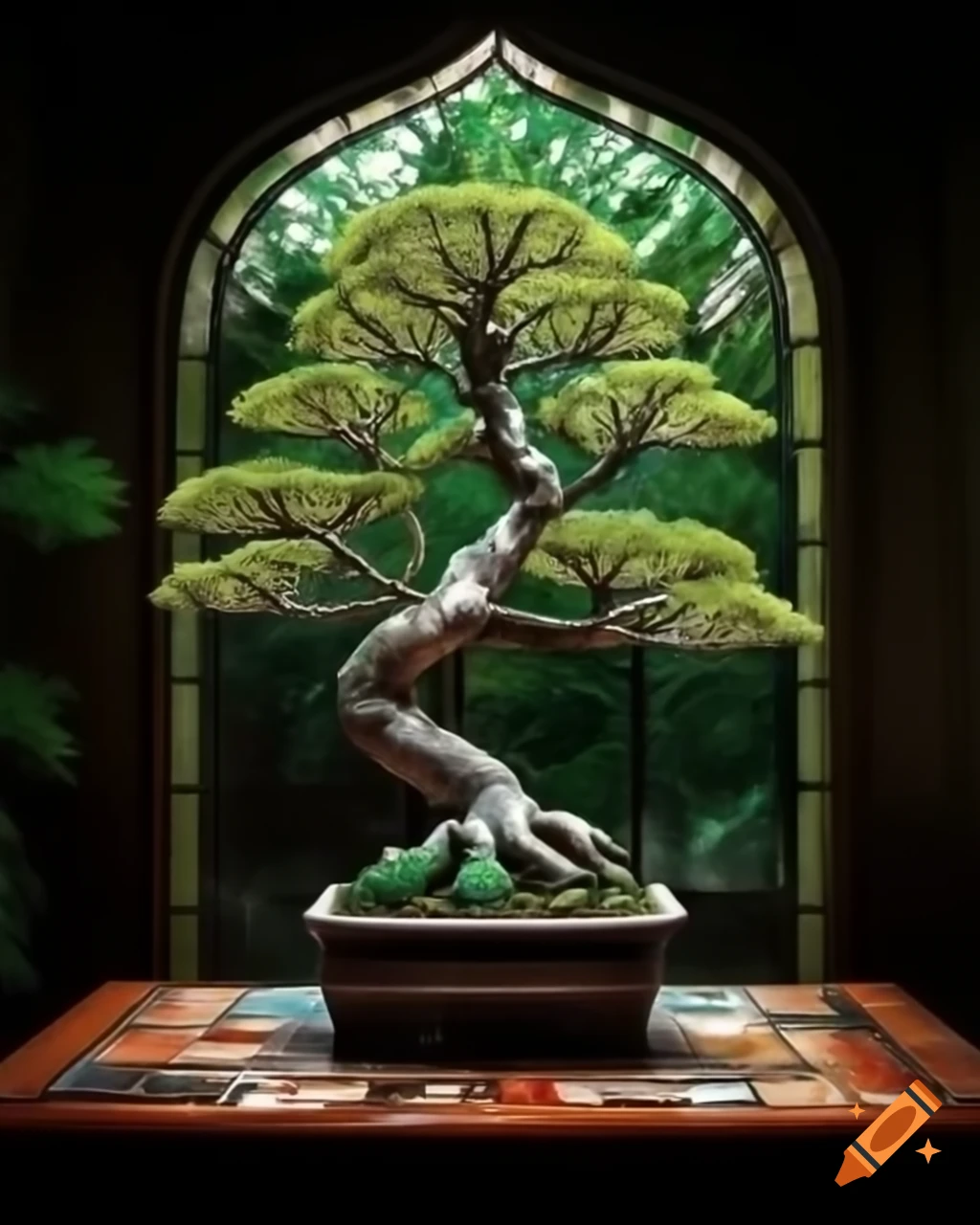 Artisan-crafted table sculpture of stained glass mimicking branches and foliage