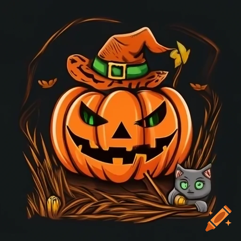 Medieval woodcut of Jack o' lantern scarecrow and black cat with green eyes