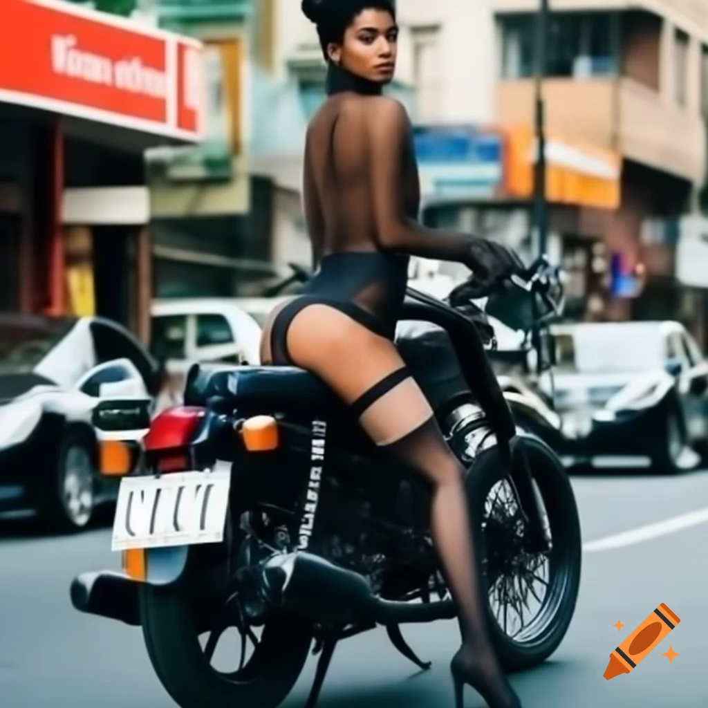 Stylish woman in stockings riding motorcycle through vibrant urban street