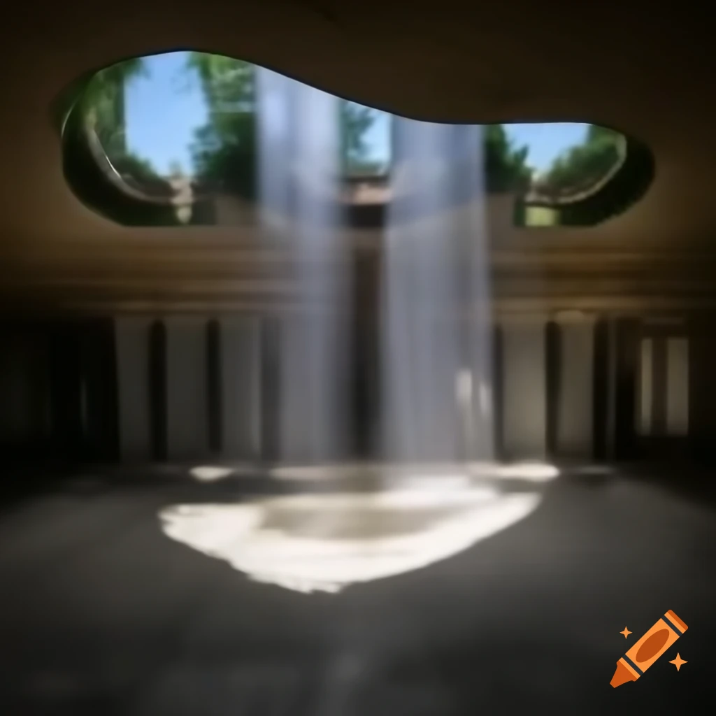 Sunlight filtering through shade onto courtyard floor with cascading water