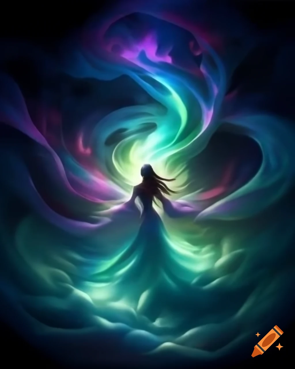 Woman surrounded by vibrant aurora lights with flowing fabrics