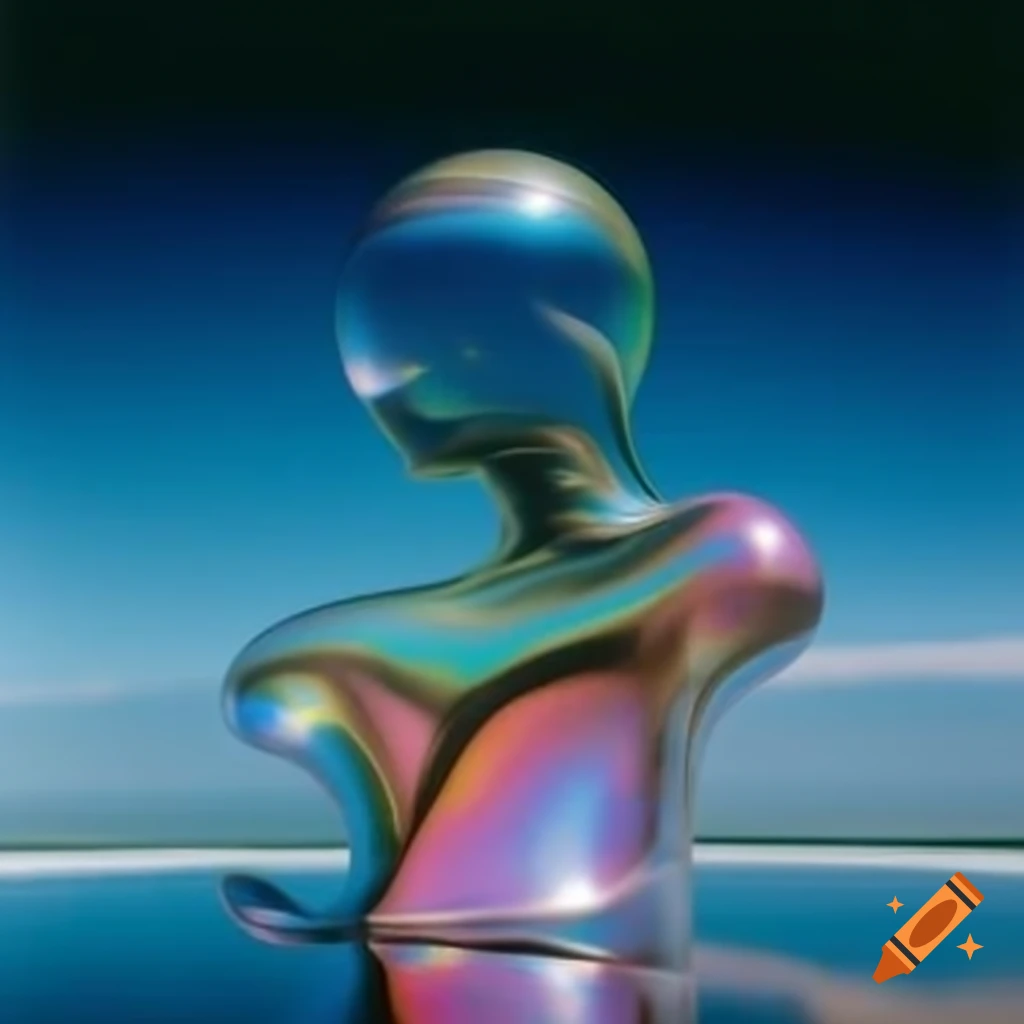 Pop surreal photography featuring iridescent glass statue from the 2000s