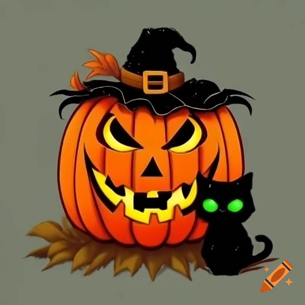 Medieval woodcut of Jack o' lantern scarecrow and black cat with green eyes
