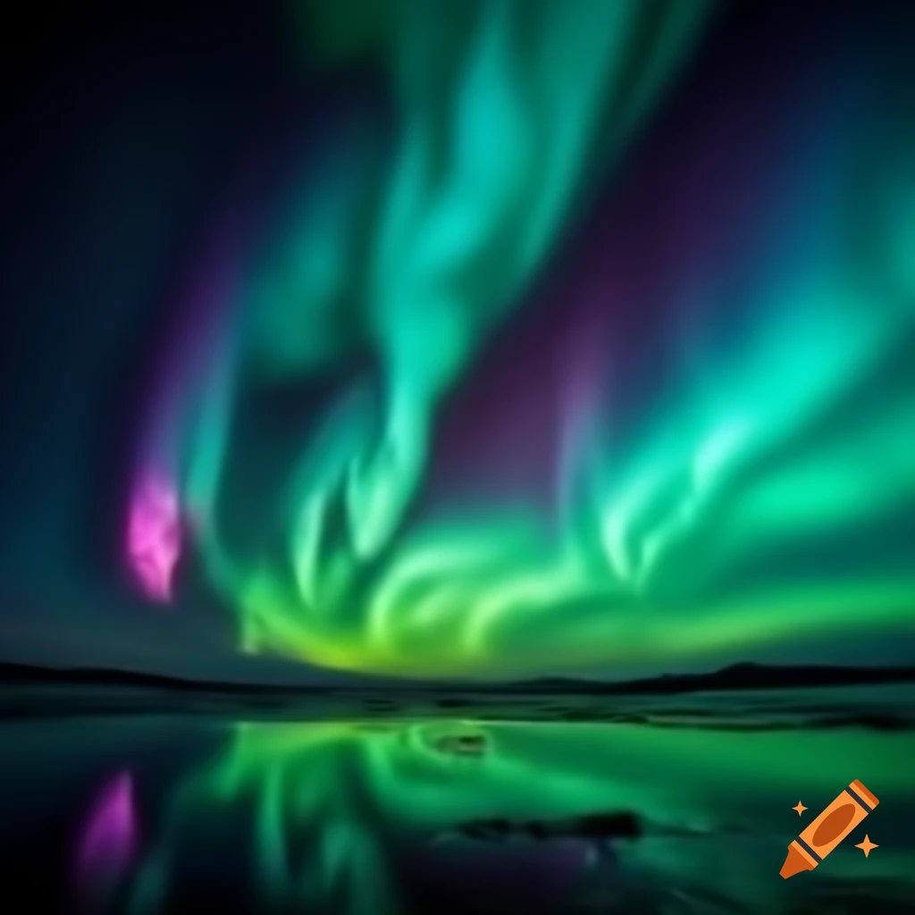 Penguin under aurora borealis in night sky