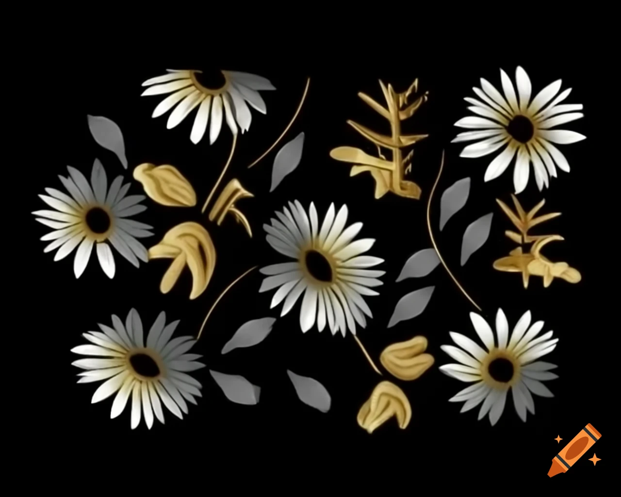 Tiny luminous daisies in watercolor shades of gold, silver, and white in storybook style