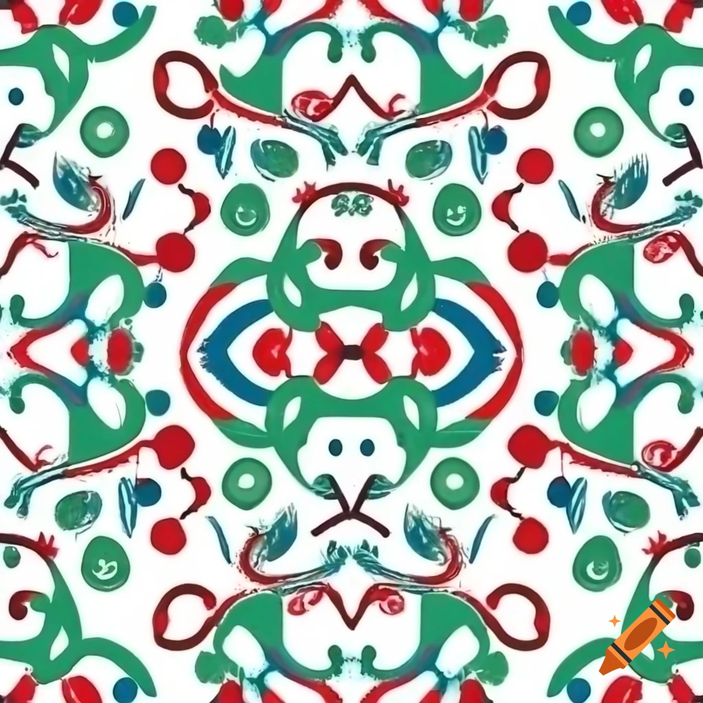 Symmetrical pattern with red, green, and blue simplistic lines and shapes