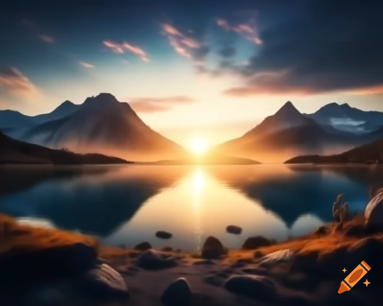 Photorealistic 3D render of mountain lake at sunset with sun rays and island