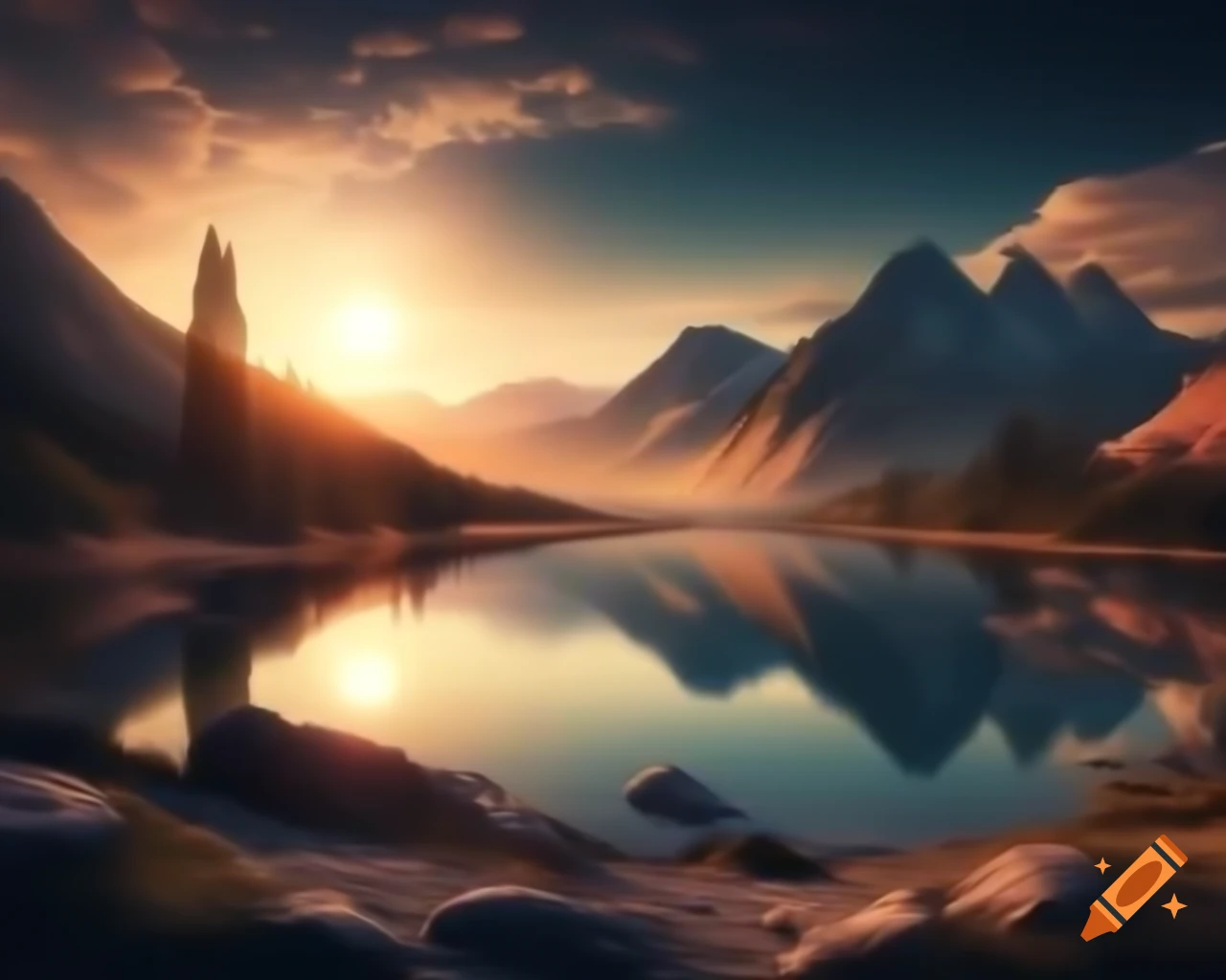 Photorealistic 3D render of mountain lake at sunset with sun rays and island