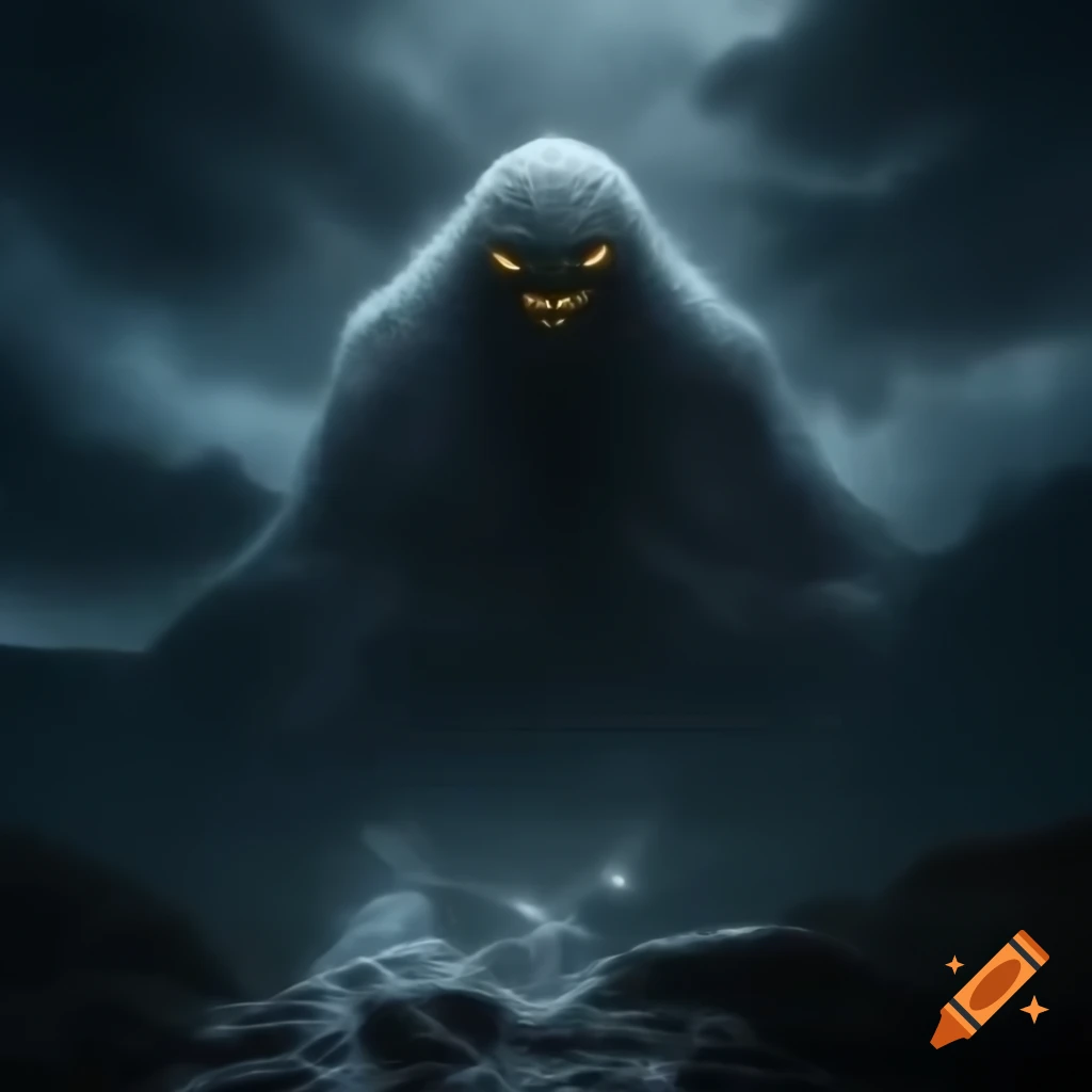 Ghostly figure on mountain top during rain at night